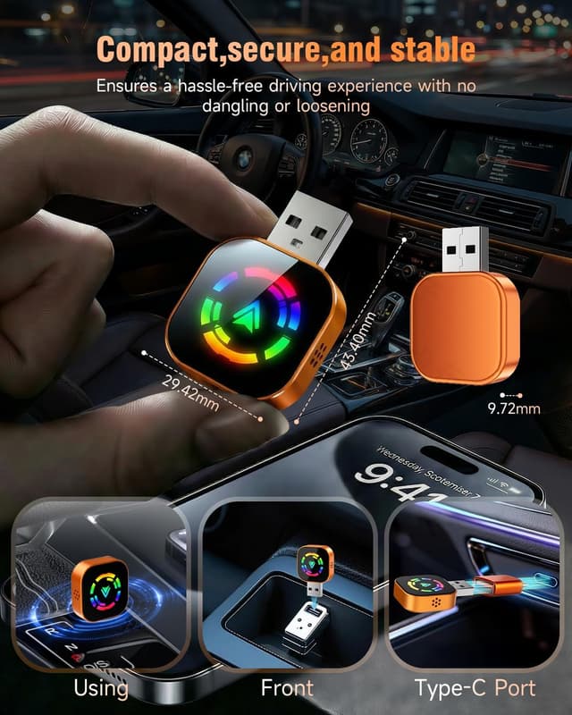 Detalle de Jumpeak 2026 Upgraded Wireless CarPlay Adapter (mini USB, 5.8GHz Wi‑Fi, Bluetooth 5.3)