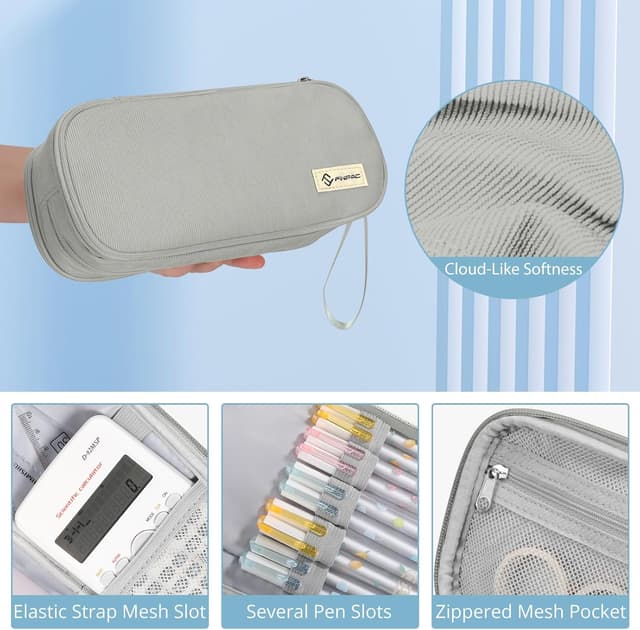 Detalle 2 de FINPAC Trousse à crayons grande capacité gris, 3 compartiments (23,9 x 10,9 x 8,9 cm)