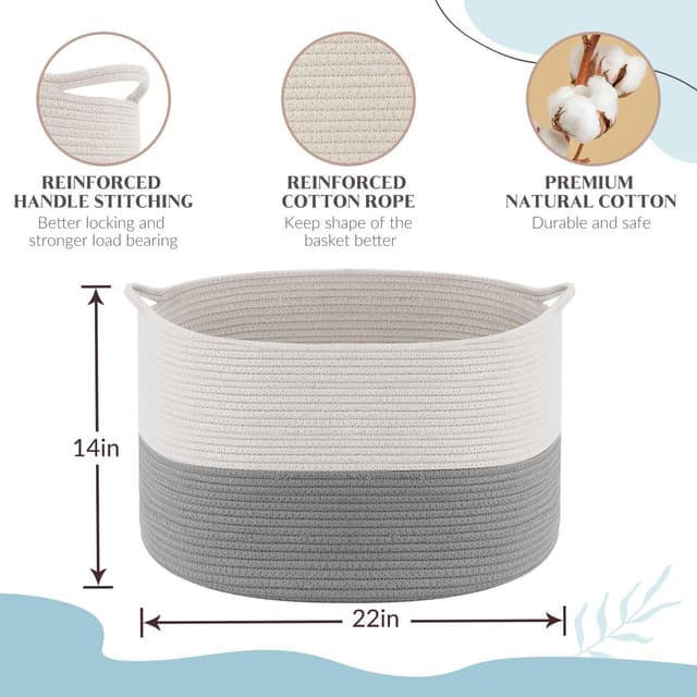 Detalle de Maliton Laundry Basket (Large, 55x35cm, 68L) Foldable Rope Woven Hamper in White & Grey