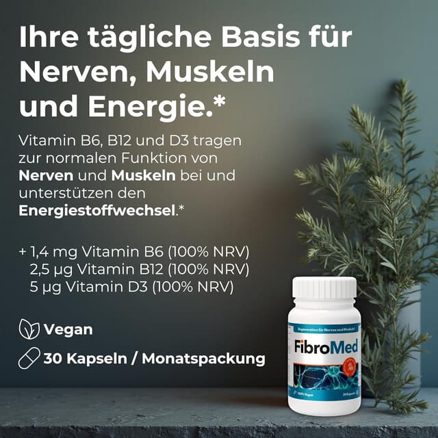 Detalle de FibroMed® – Kapseln mit Vitamin B6, B12, Folsäure, D3, Omega-3 & Pflanzenextrakten (vegan) – 30 Kapseln