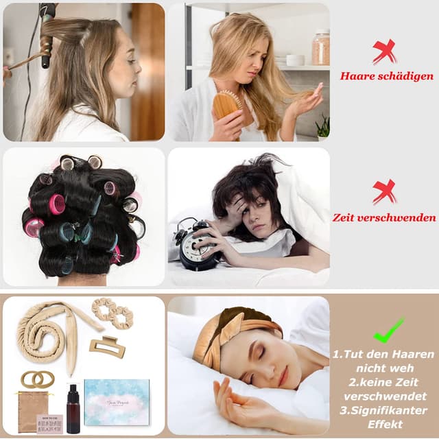 Detalle 2 de Heatless Lockenwickler-Set „Lockenwickler Ohne Hitze“ mit Stirnband (Khaki) für langes mittleres Haar