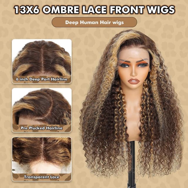 Detalle de Myzebo 32-Inch Ombre Lace Front Wig (13x6 HD Lace, Deep Wave, Honey Blonde Highlight)