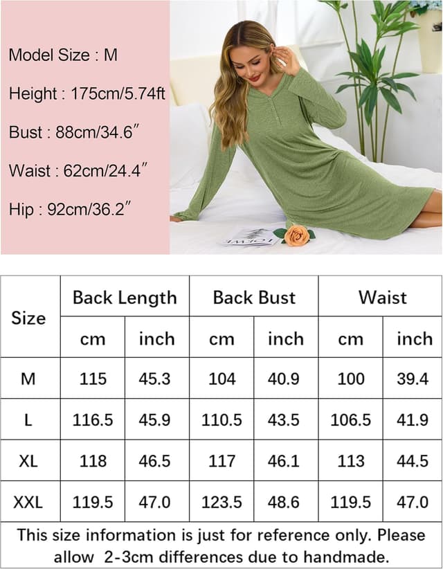 Detalle de Lovasy long-sleeve cotton nightdress with pockets – soft women’s nightshirt nightwear