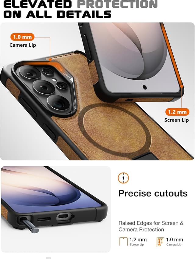 Thumbnail 6 de VAUSERDY Strong Magnetic Leather Case for Samsung Galaxy S26 Ultra (MagSafe, Kickstand, Shockproof) – Brown