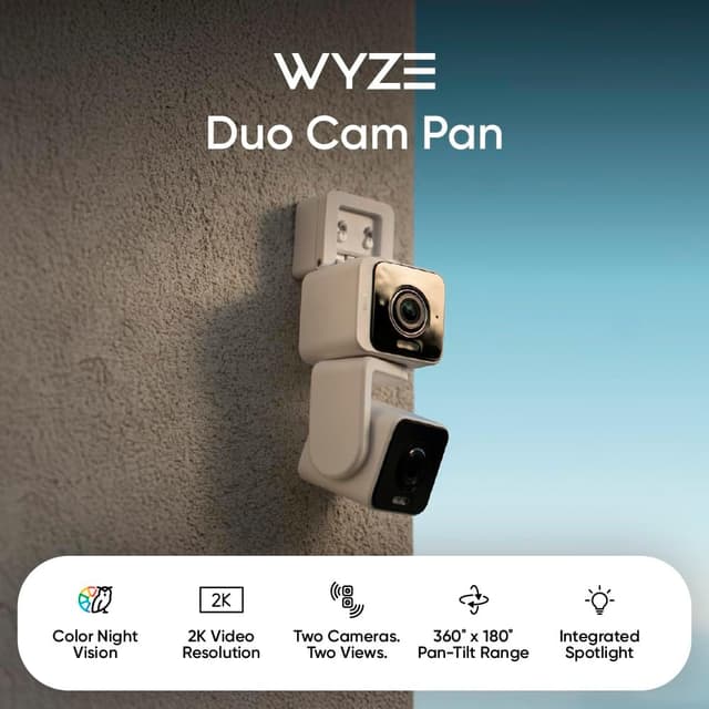 Detalle de WYZE Duo Cam Pan Indoor/Outdoor IP65 2K 360° Pan/Tilt Smart Security Camera (2-Cam System) with Color Night Vision