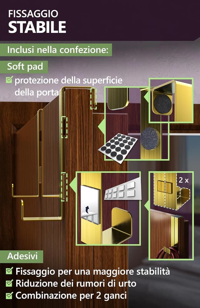 Detalle 2 de 4smile set da 10 ganci per porta in acciaio inox, colore oro
