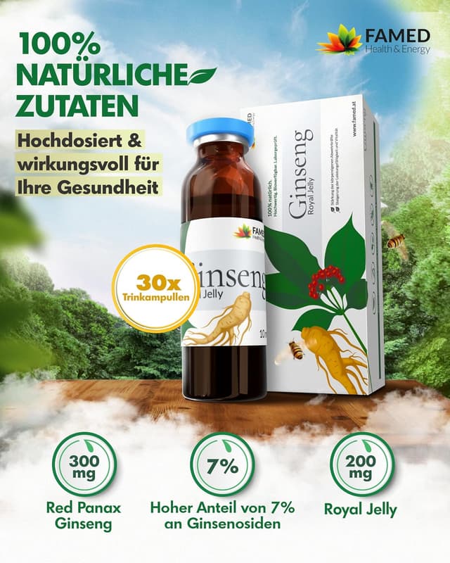 Detalle 2 de Ginseng Royal Jelly von FAMED – 30 Trinkampullen mit reduziert Müdigkeit & Immunsystem- Unterstützung
