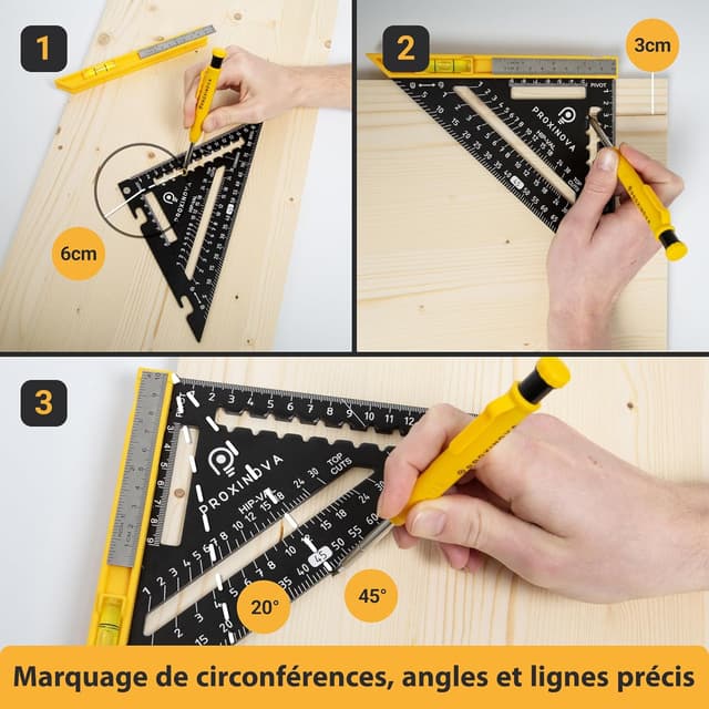 Detalle 2 de Proxinova set d’équerre de vitesse 180 mm : équerre de menuisier/charpentier avec niveau à bulle et rapporteur