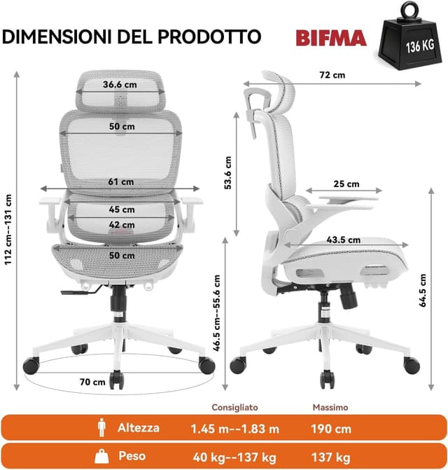 Detalle de SIHOO B100 sedia ergonomica da ufficio con supporto lombare dinamico, poggiatesta e reclinazione 90–135° (bianca, senza poggiapiedi)