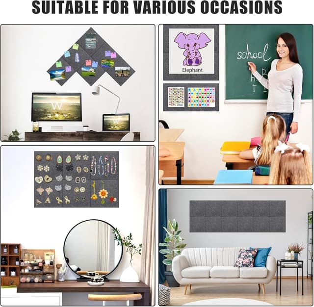 Thumbnail 6 de Cork Board Alternative felt wall pin board tiles, 90 x 60 cm (6 pack) – dark gray, with 20 pushpins