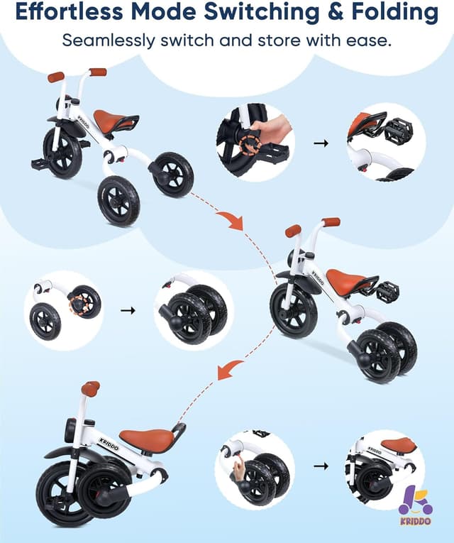 Detalle de KRIDDO 2-in-1 Kids Balance Bike and Tricycle (2 to 5 Years) with Detachable Pedals and Front Light