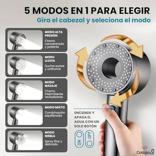 Detalle de CompaSJ Alcachofa de ducha con filtro y alta presión (1,5 m) con 5 modos y 5 filtros antical + PTFE