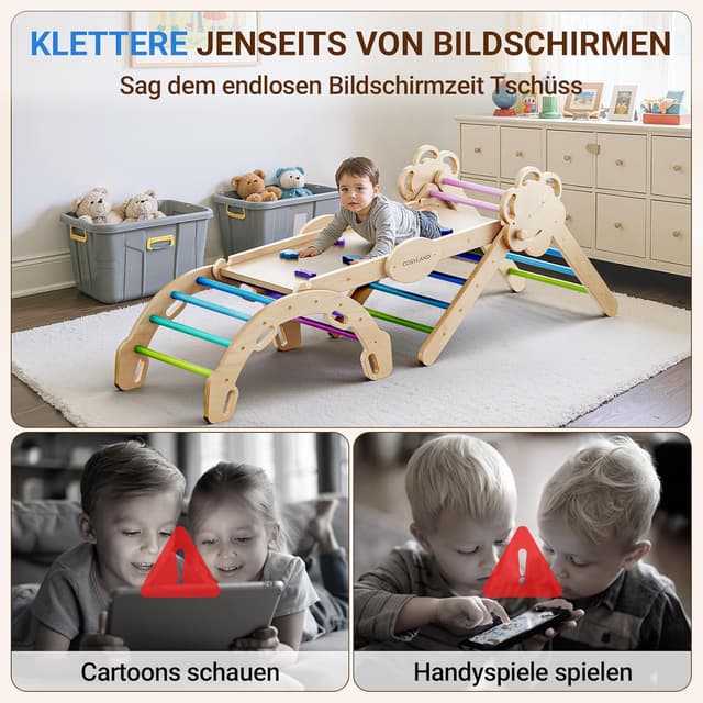 Detalle de COSYLAND Indoor Klettergerüst L – Großes Kletterdreieck Set mit Kletterbogen & Rutsche (8-in-1) für Kinder ab 18 Monaten