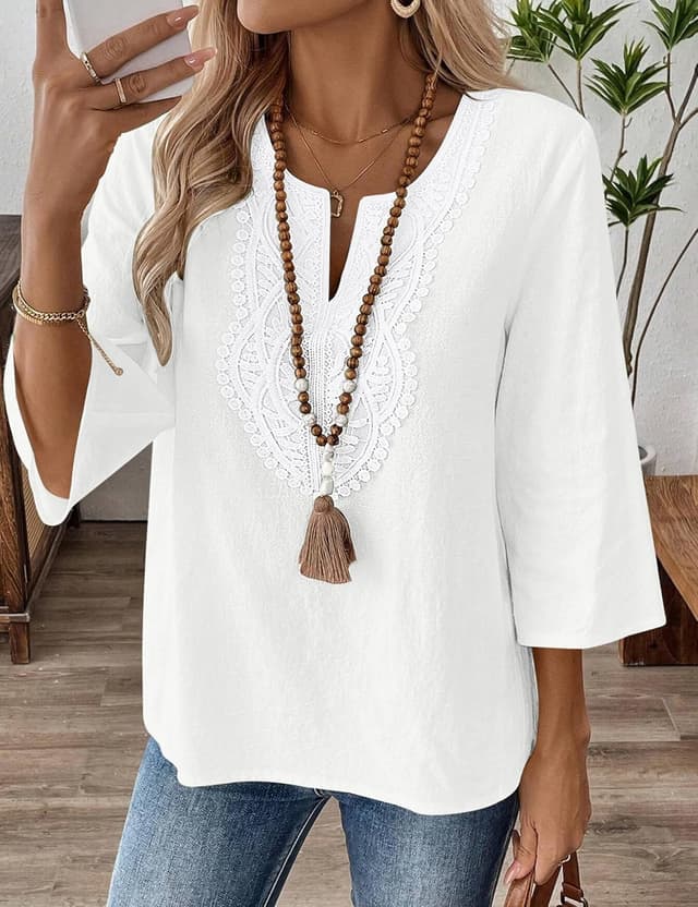 Thumbnail 6 de Rapbin Bluse Damen 3/4 Arm mit V-Ausschnitt aus Baumwoll-Leinen-Mix und Spitze