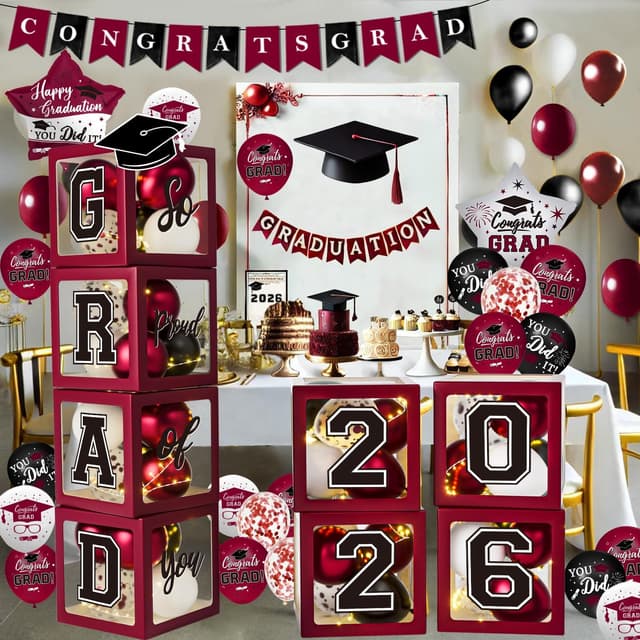 Detalle de Maroon Themed Class of 2026 Graduation Decorations Set (Balloons, Boxes, Letters & More)