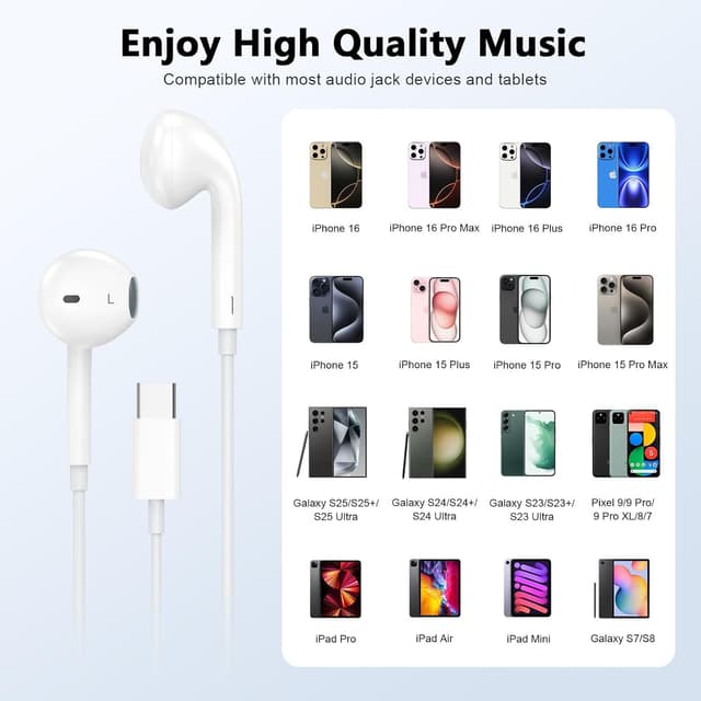 Detalle de USB-C wired in-ear headphones (2-pack) with mic, volume control and noise cancelling – White