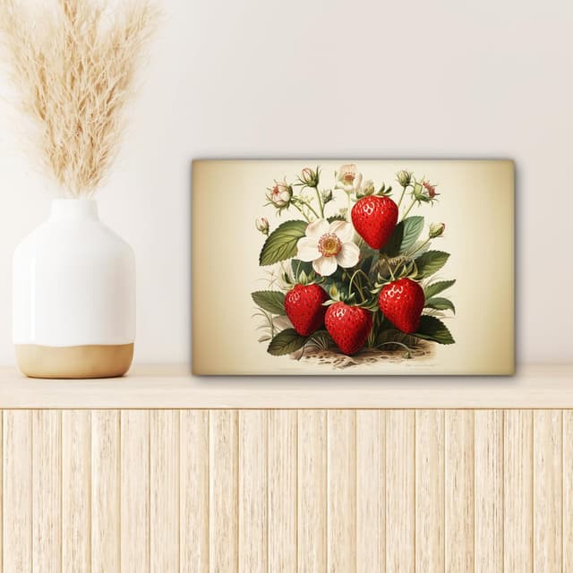 Detalle de MuchoWow© Impression sur toile déco murale 30x20 cm – Fraises, plantes et fruits (beige)