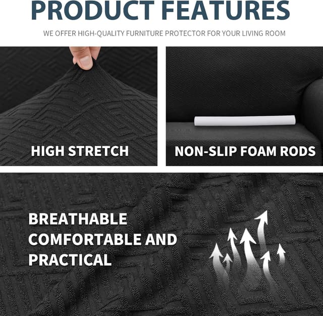 Detalle de Ystyle Copridivano 1 posto con braccioli elasticizzato antigraffio antiscivolo, universale jacquard geometrico nero