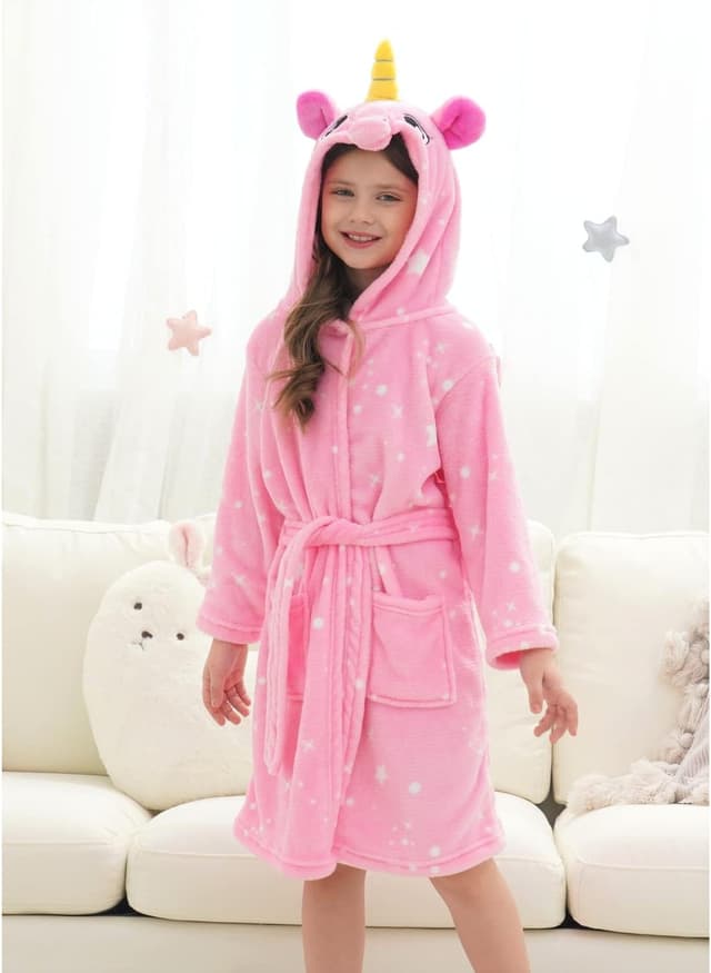 Detalle 2 de Piefry peignoir fille à capuche licorne en flanelle (avec pantoufles) – 4 pièces