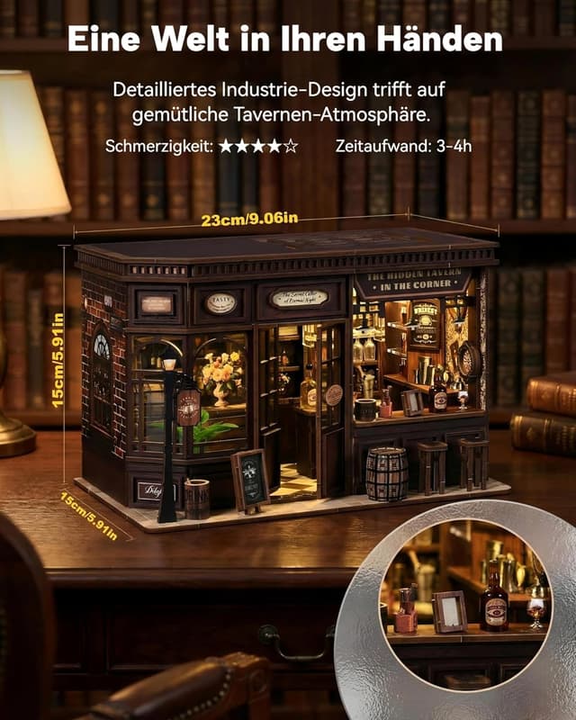 Detalle de Book Nook Kit Taverne – 3D Holzpuzzle mit LED-Licht, DIY Miniatur-Haus & Werkzeug-Set (ab 14)