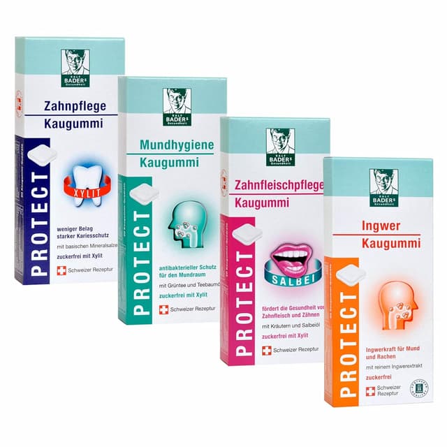 Detalle de BADERs PROTECT Kaugummi aus der Apotheke – 4 Sorten Zahnpflege-Kaugummi (vegan)