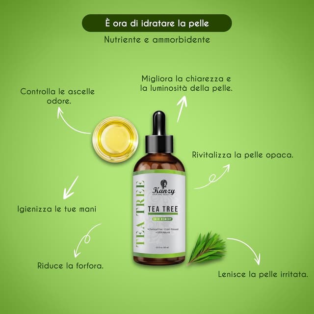 Detalle 2 de KANZY Tea Tree Oil 60 ml – Olio essenziale di albero del tè per viso, corpo, unghie, capelli e aromaterapia