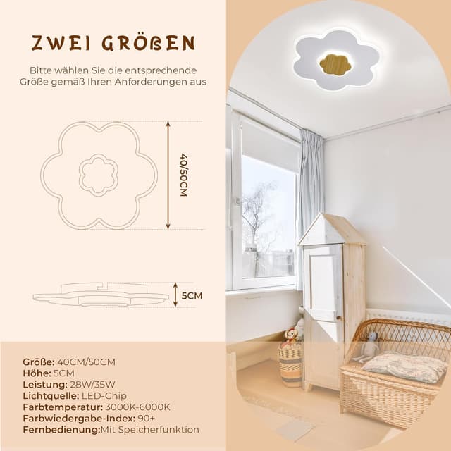 Detalle 2 de Plafonnier LED enfant en forme de fleur (bois) dimmable 3000K–6000K, 35W, 50 cm avec veilleuse