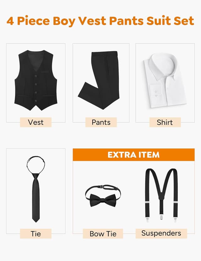 Detalle de ELPA Boys’ Formal Suit Vest Set with Suspenders (Shirt, Lined Vest, Pants, Pre-Tied Tie)
