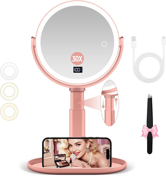Detalle de B Beauty Planet Magnifying Mirror with Light 30X/1X (Double Sided, Rose Gold) with 3 Light Modes, Adjustable Height & 360° Rotation