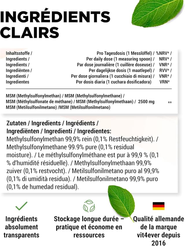 Detalle 1 de Vit4ever Poudre de MSM 99,9% (1 kg) – méthylsulfonylméthane cristallin, maille 40–80