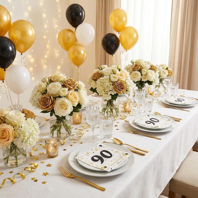 Detalle de Seutgjie 50 Servietten zum 90. Geburtstag – Schwarz-Gold mit „90“ & Geburtstags-Text (Papierservietten)