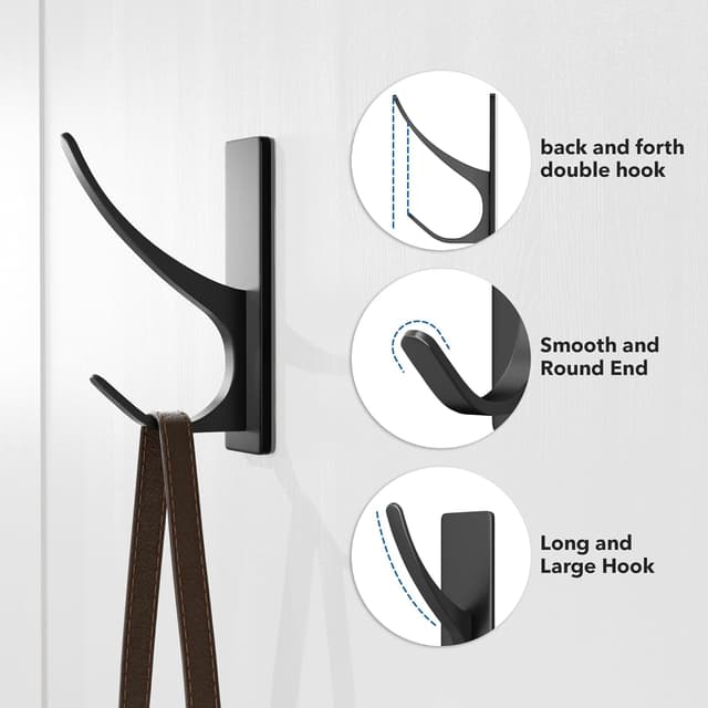 Detalle de pickpiff Self-Adhesive Coat Hooks (Heavy-Duty Stainless), Matt Black, 4-Pack (8 Hooks)
