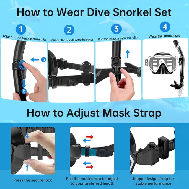 Detalle 2 de JEMULICE Schnorchelset für Erwachsene mit Tauchmaske aus gehärtetem Glas und Dry-Schnorchel