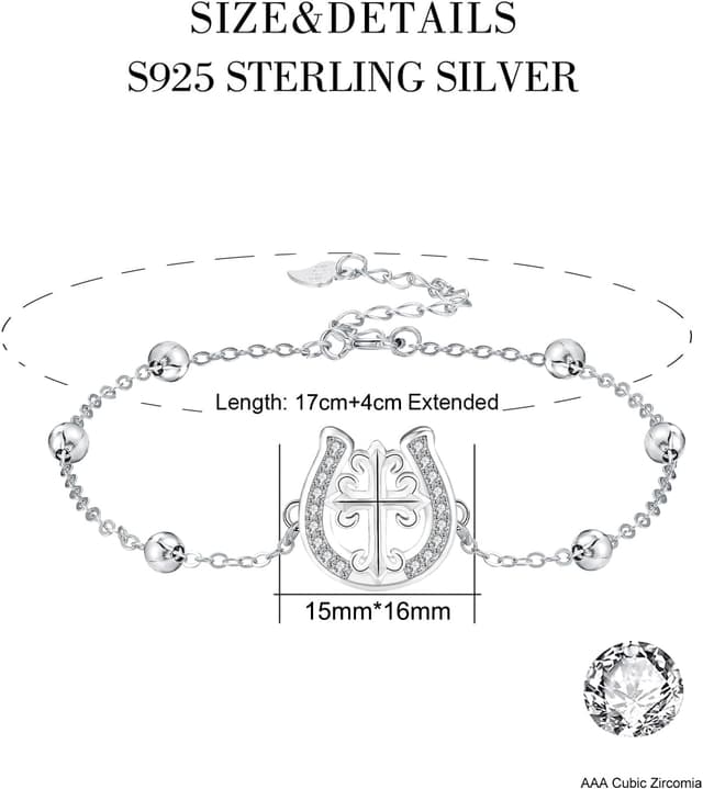 Detalle 2 de J.MUEN Damen-Armband aus 925 Sterling Silber mit Tier-Motiv (Hufeisen & Kreuz) – mit Geschenkbox