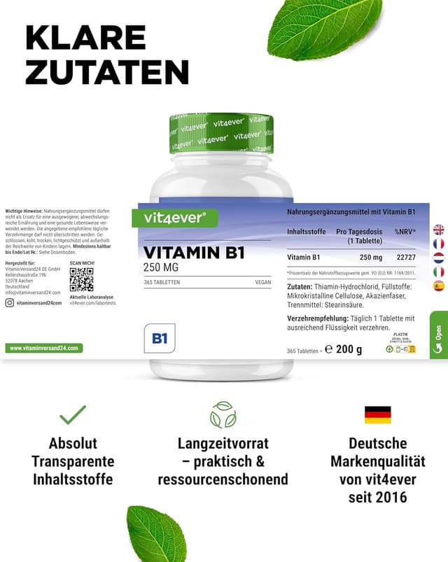 Detalle de vit4ever Vitamin B1 (Thiamin) 250 mg – 365 Tabletten für 12 Monate (vegan)