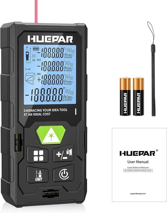 Imagen de Laser Entfernungsmesser, Huepar 50M/100M/120M Laser Messgerät Entfernungsmesser mit Laser, hintergrundbeleuchtetem LCD, Messung von Entfernung, Fläche und Volumen und pythagoreischem Modus(ft/m/in)
Laser Entfernungsmesser, Huepar 50M/100M/120M… en OfertitasTOP