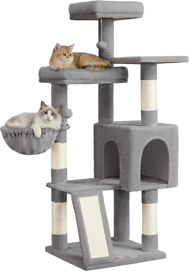 Detalle de Feandrea Arbre à Chat PCT012GD01 : tour intérieure avec 3 plateformes, niche et poteaux à griffer