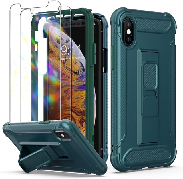 Detalle de ORETECH 5-in-1 Schutzhülle für iPhone X/XS (5,8 Zoll), stoßfest inkl. 2 Schutzfolien & Ständer – grün
