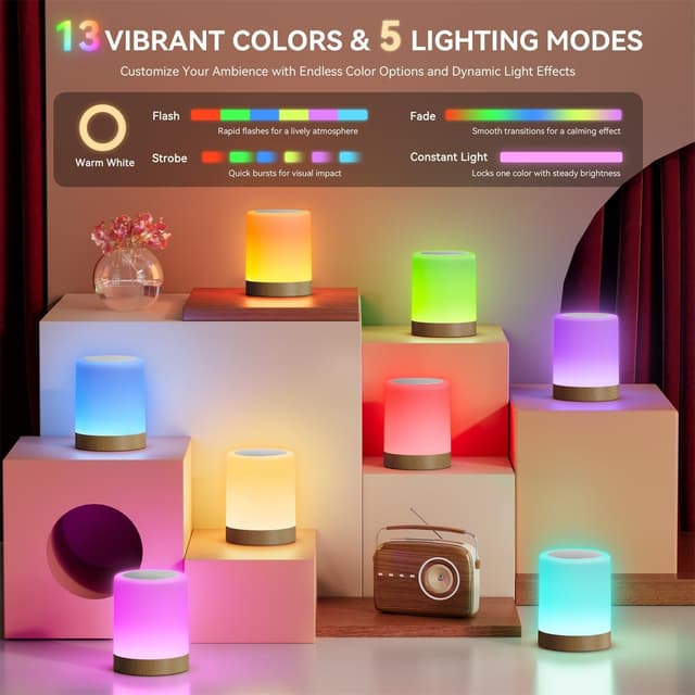 Detalle de Auxmir Night Light Rechargeable Bedside Table Lamp (3000mAh) with Touch & Remote, RGB Colour Changing, Dark Brown