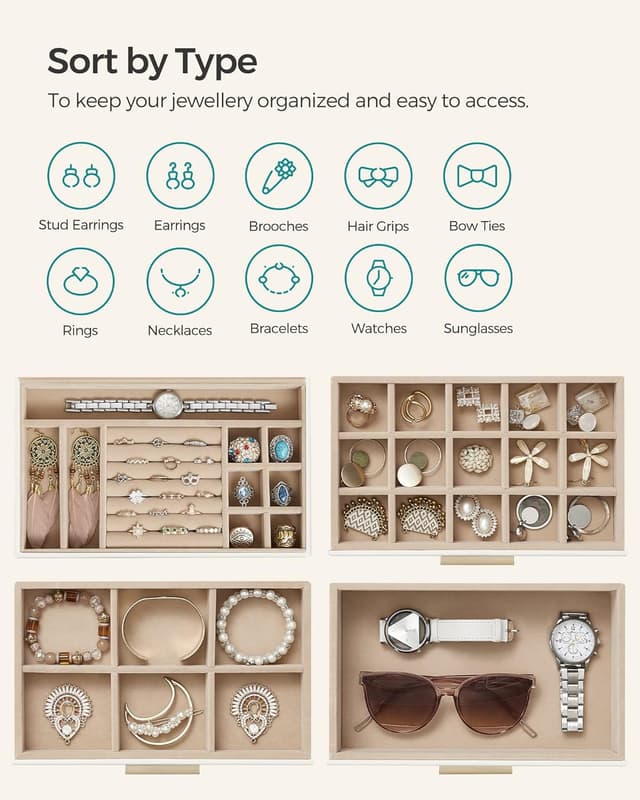 Detalle de SONGMICS GISELLA – boîte à bijoux et écrin à accessoires à 4 niveaux, couvercle en verre, 3 tiroirs