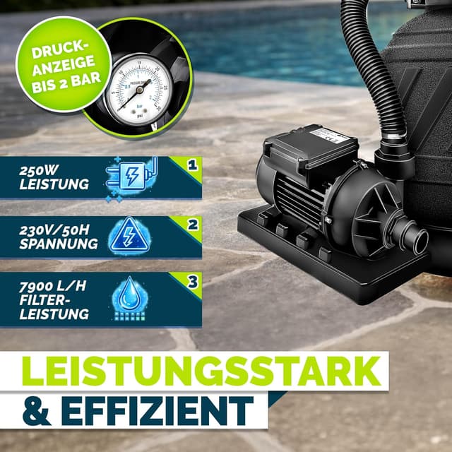 Detalle de tillvex® Sandfilteranlage Pool (7.900 l/h) inkl. 7-Wege-Ventil, Druckanzeige & 400 g Filterbälle