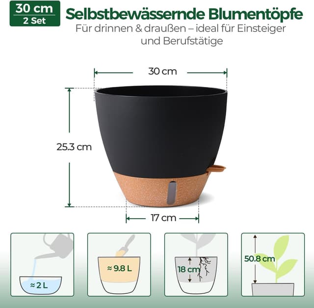 Detalle de T4U T4U 2er Set selbstbewässernder Blumentopf 30 cm
