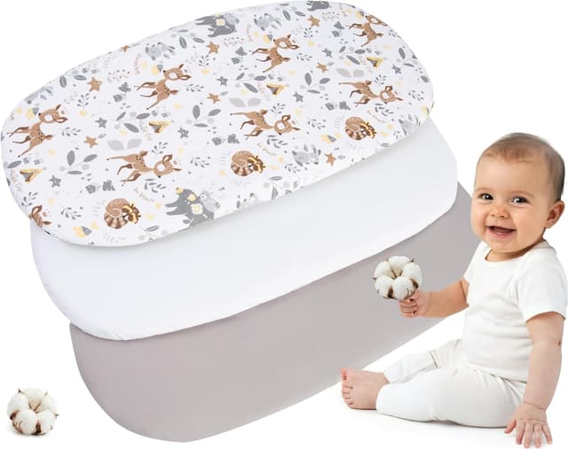 Detalle de Medi Partners Baby Spannbettlaken für Kinderwagen & Stubenwagen (86x40) – 3er-Set aus 100% Baumwolle, Reh-Weiß-Grau
