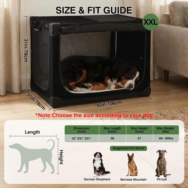 Detalle de derimkcoa 106 x 78 x 78cm Collapsible Travel Dog Crate (soft portable kennel up to 36kg) – 4-door foldable, storage bag, black