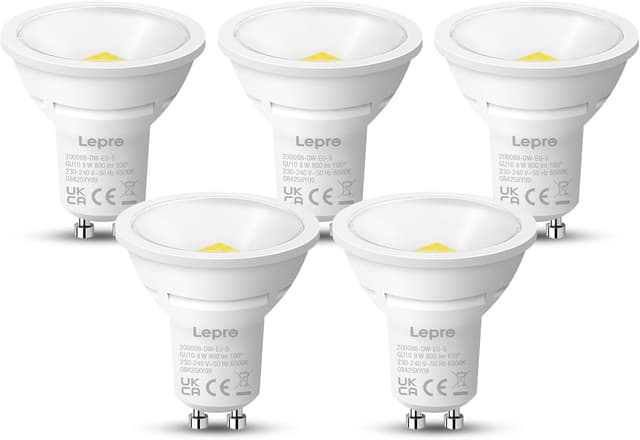 Detalle de Lepro GU10 LED Bulbs (Cool White 6500K, 800lm, 8W) – 5 Pack, 100° wide beam, non-dimmable