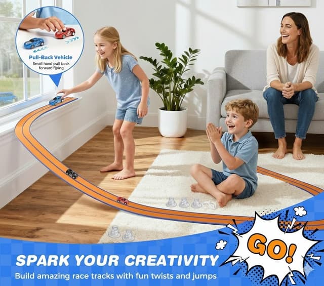 Detalle 2 de DKOXT 15 Ft Flexible Race Track for Kids DIY Car Track Set (Dual-Track) with 2 Toy Cars & 3 Suction Cup Ramps