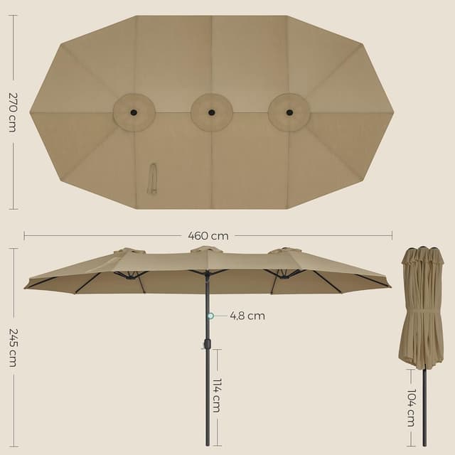 Detalle de SONGMICS Parasol Double UPF 50+ 460 x 270 cm avec manivelle (taupe) — GPU36BR, grand format sans socle