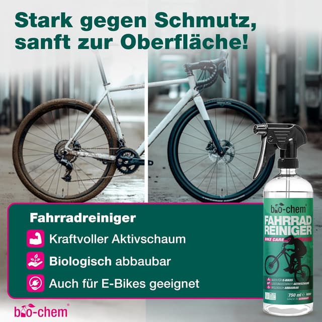 Detalle de bio-chem CLEANTEC Bio-chem Pflegeset für Fahrrad & Mountainbike – Profi-Reinigungs-Set mit 7 Teilen (750 ml Reiniger, 750 ml Kettenentfetter, 100 ml Schmieröl)