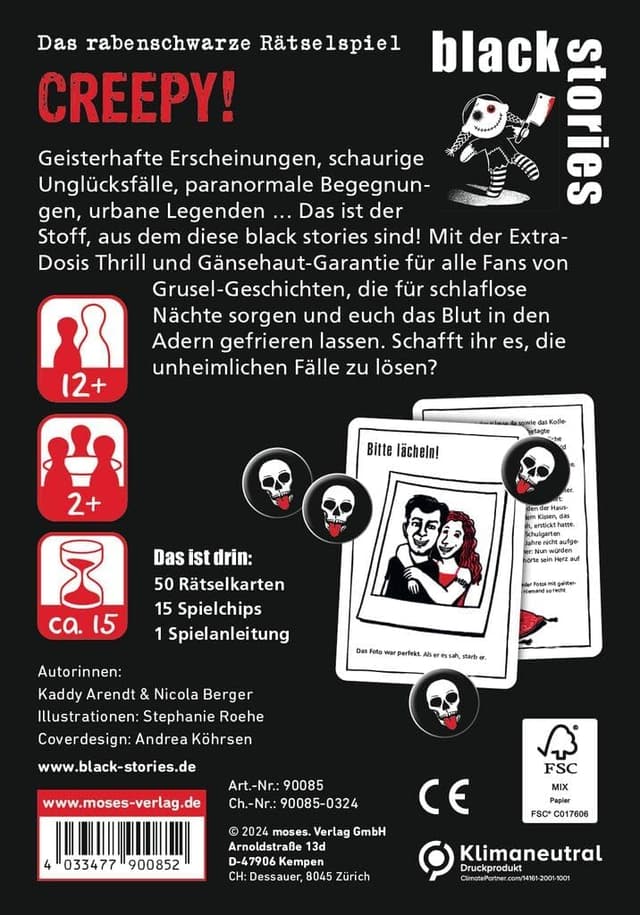 Detalle 2 de Moses Black Stories Creepy! – 50 énigmes de crime à résoudre en équipe (jeu de cartes)