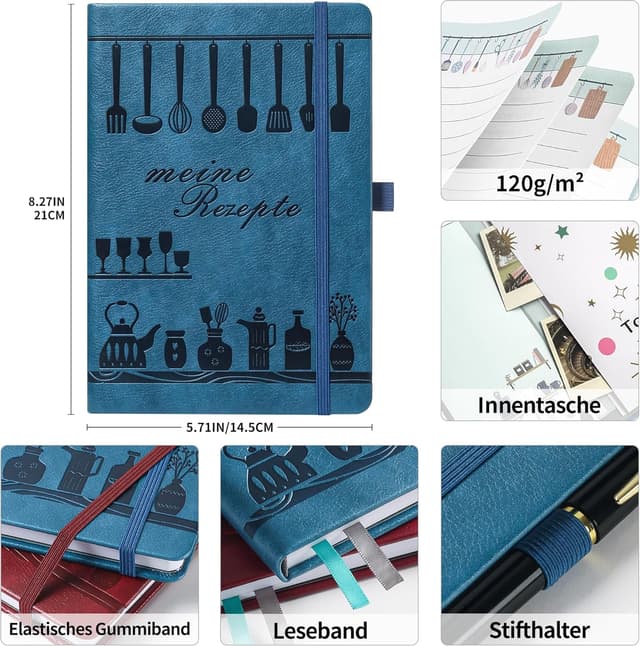 Detalle de HwxBen Rezeptbuch A5 zum Selberschreiben – „Meine Lieblingsrezepte“ (Blau) zum Ausfüllen